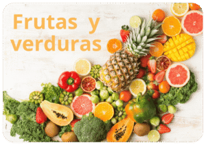 Ilustracja przedstawiająca owoce i warzywa — edukacyjny quiz z języka hiszpańskiego poziom A1 dla początkujących.