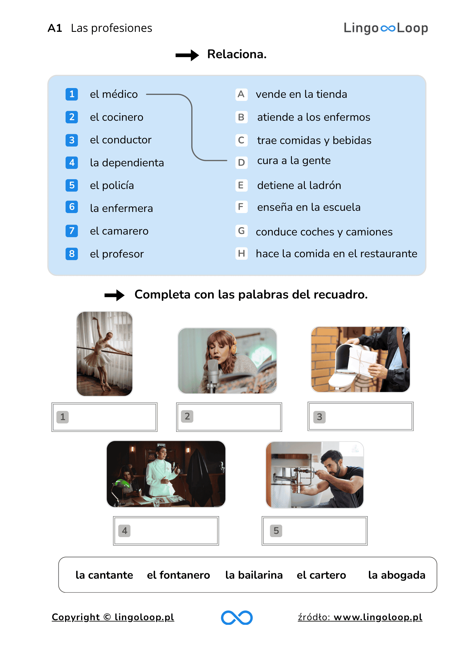 Zawody po hiszpańsku ćwiczenia PDF A1 A2 las profesiones