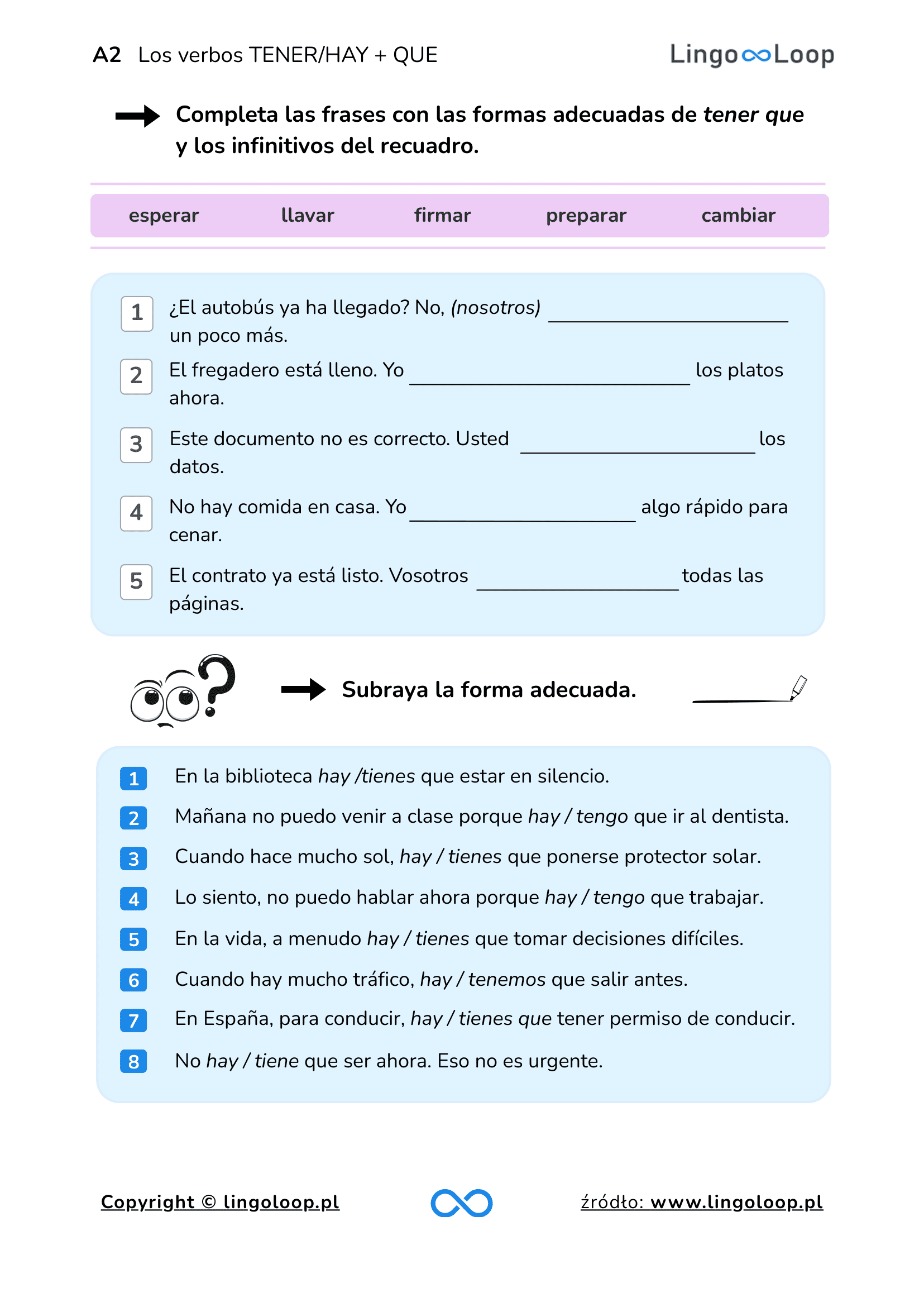 Tener que i hay que ćwiczenia z hiszpańskiego w PDF na obowiązki i nakazy