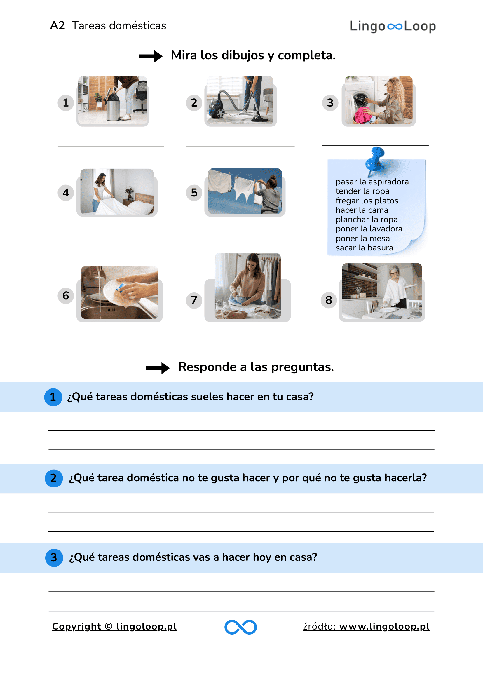 Tareas domésticas ćwiczenia PDF hiszpański A1 A2 obowiązki domowe słownictwo